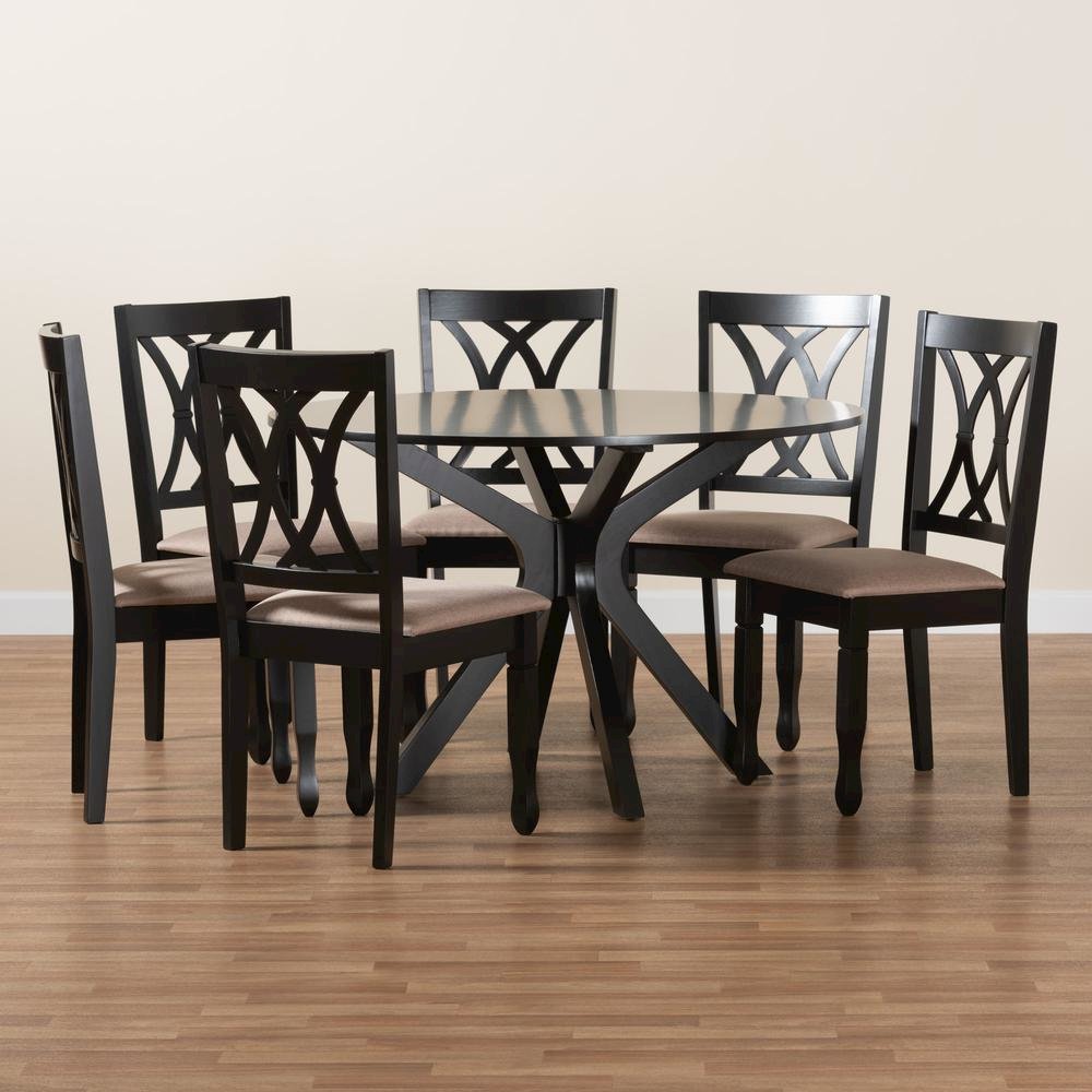 Maya Modern Beige Fabric and Espresso Brown Finished Wood 7-Piece Dining Set