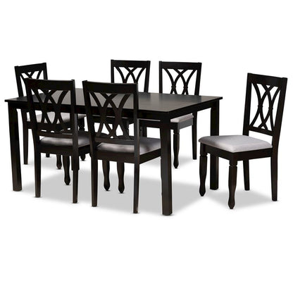 Grey Fabric Upholstered Espresso Brown Finished Wood 7-Piece Dining Set