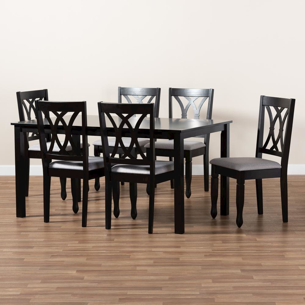 Grey Fabric Upholstered Espresso Brown Finished Wood 7-Piece Dining Set