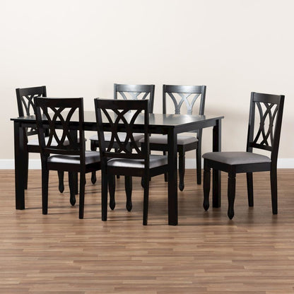 Grey Fabric Upholstered Espresso Brown Finished Wood 7-Piece Dining Set