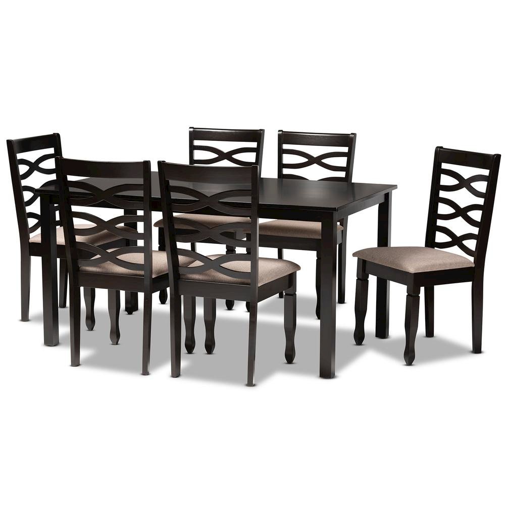 Sand Fabric Upholstered Dark Brown Finished Wood 7-Piece Dining Set