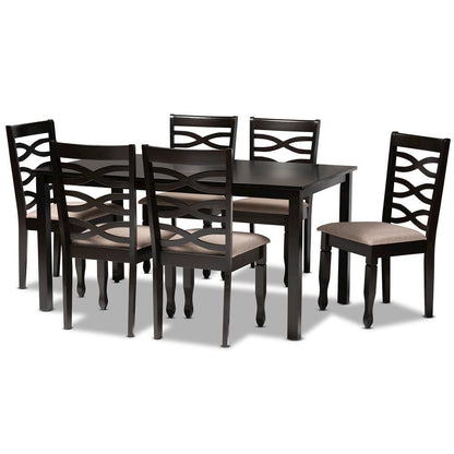 Sand Fabric Upholstered Dark Brown Finished Wood 7-Piece Dining Set