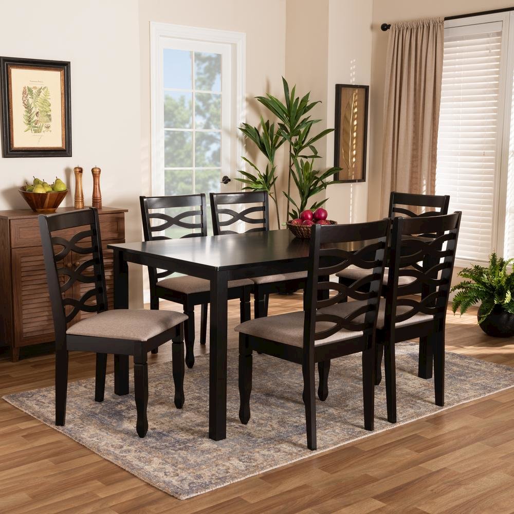 Sand Fabric Upholstered Dark Brown Finished Wood 7-Piece Dining Set