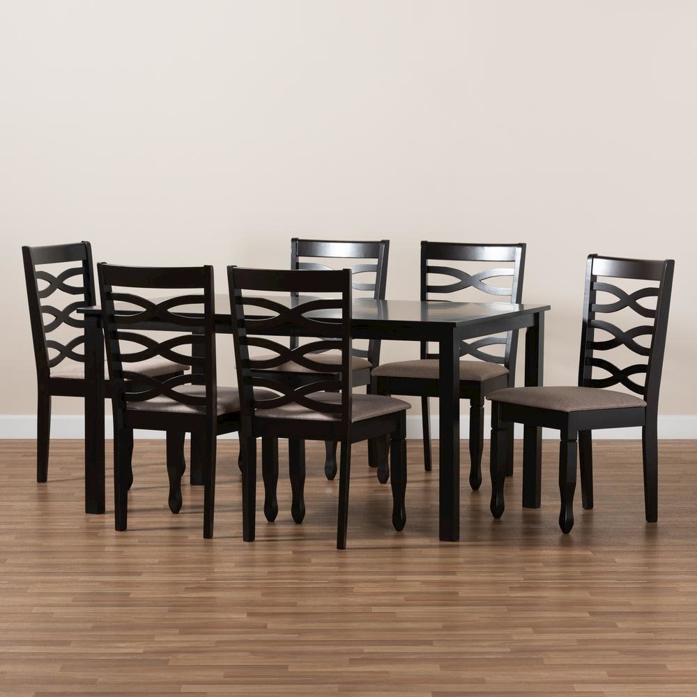 Sand Fabric Upholstered Dark Brown Finished Wood 7-Piece Dining Set