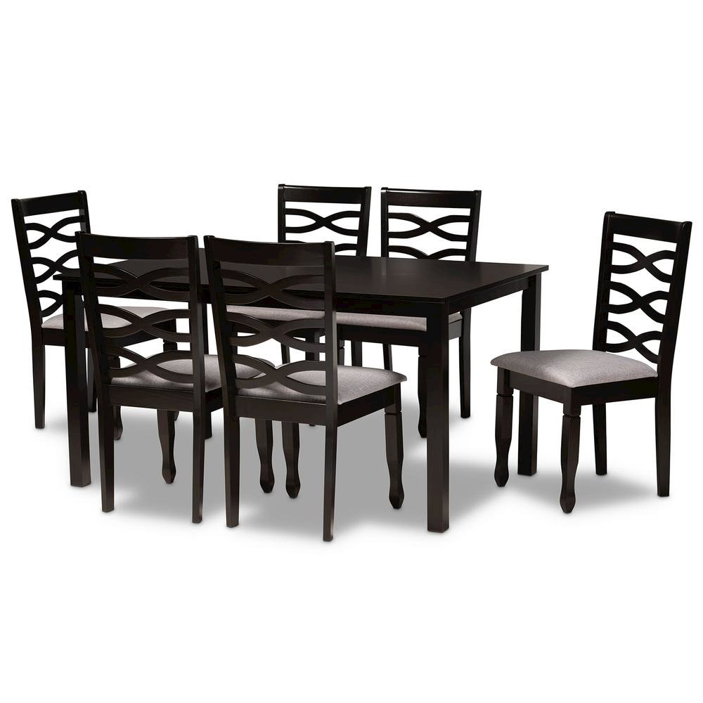 Grey Fabric Upholstered and Dark Brown Finished Wood 7-Piece Dining Set