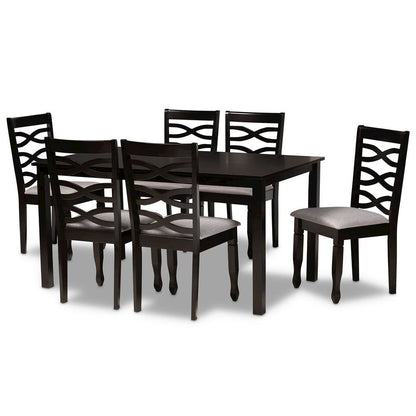 Grey Fabric Upholstered and Dark Brown Finished Wood 7-Piece Dining Set