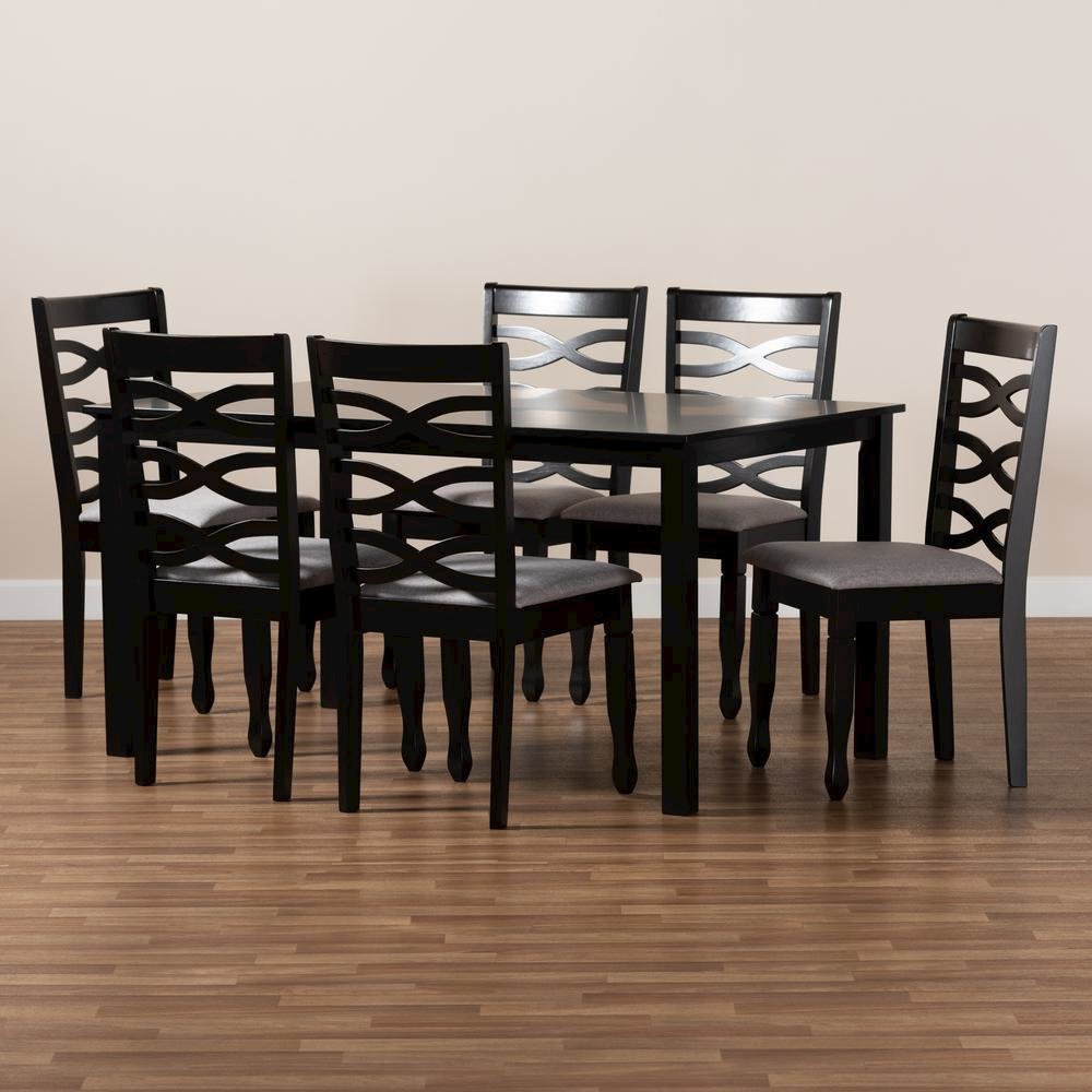 Grey Fabric Upholstered and Dark Brown Finished Wood 7-Piece Dining Set