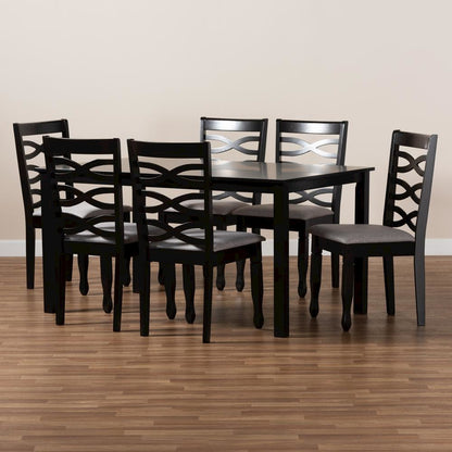 Grey Fabric Upholstered and Dark Brown Finished Wood 7-Piece Dining Set