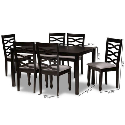Grey Fabric Upholstered and Dark Brown Finished Wood 7-Piece Dining Set