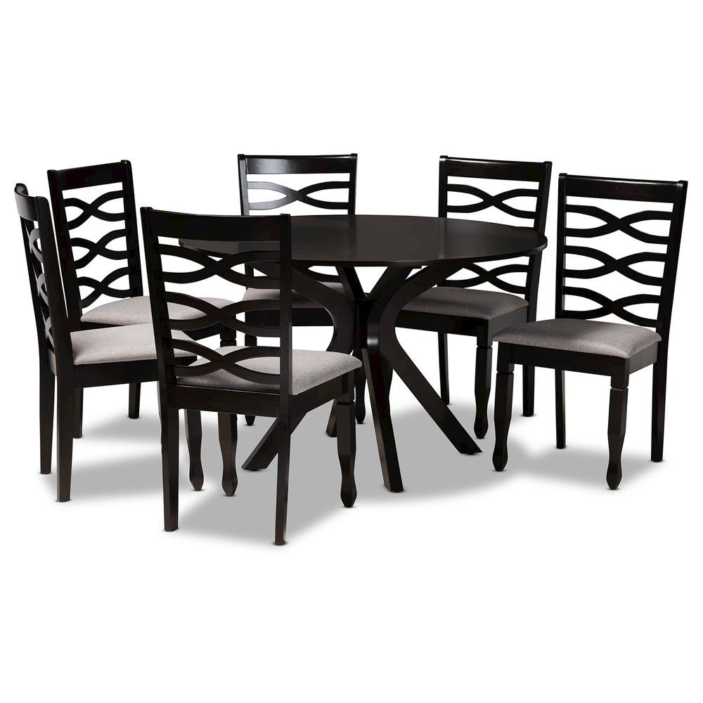 Grey Fabric Upholstered and Dark Brown Finished Wood 7-Piece Dining Set