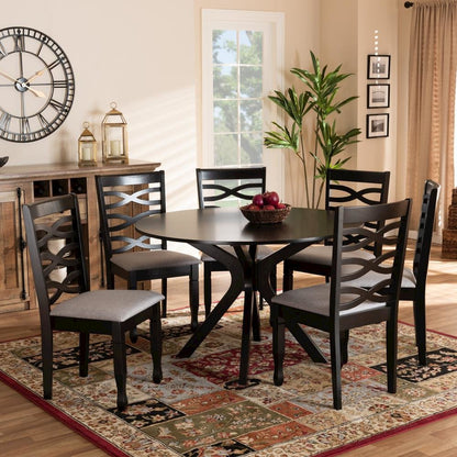 Grey Fabric Upholstered and Dark Brown Finished Wood 7-Piece Dining Set
