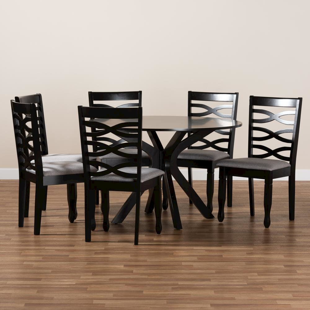 Grey Fabric Upholstered and Dark Brown Finished Wood 7-Piece Dining Set