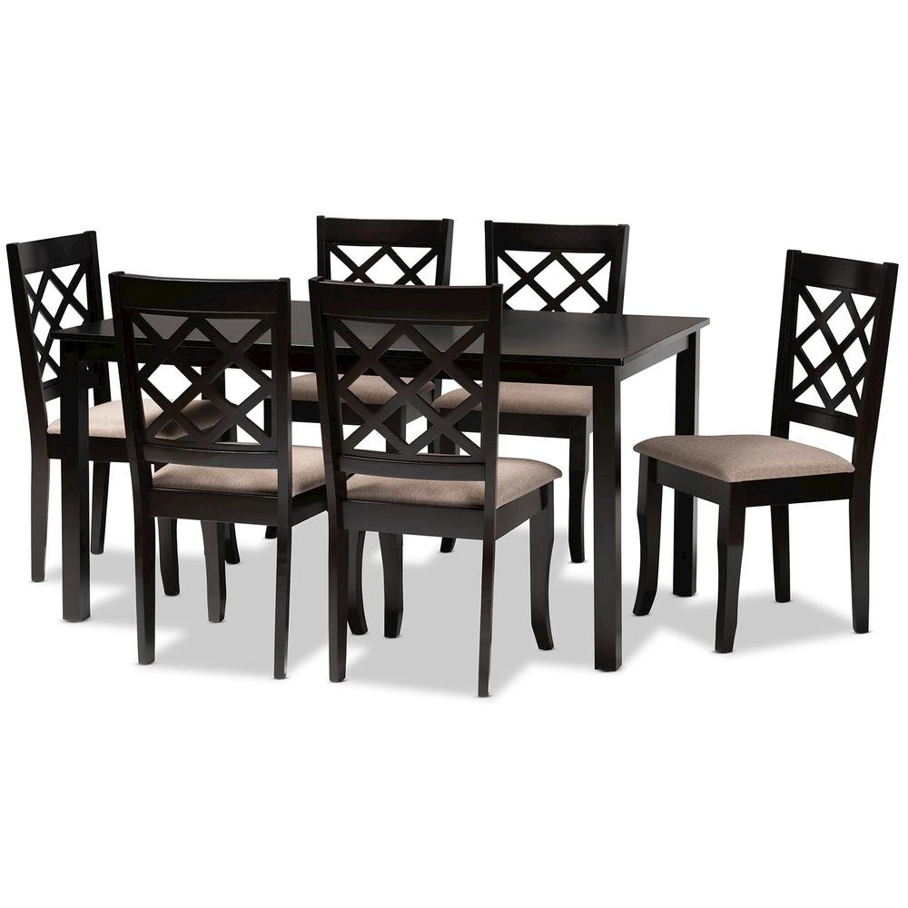 Sand Fabric Upholstered Dark Brown Finished 7-Piece Wood Dining Set