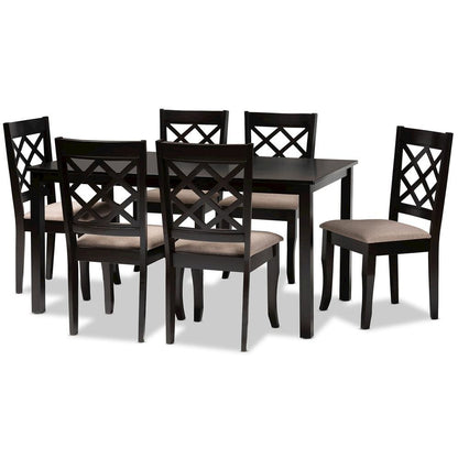 Sand Fabric Upholstered Dark Brown Finished 7-Piece Wood Dining Set