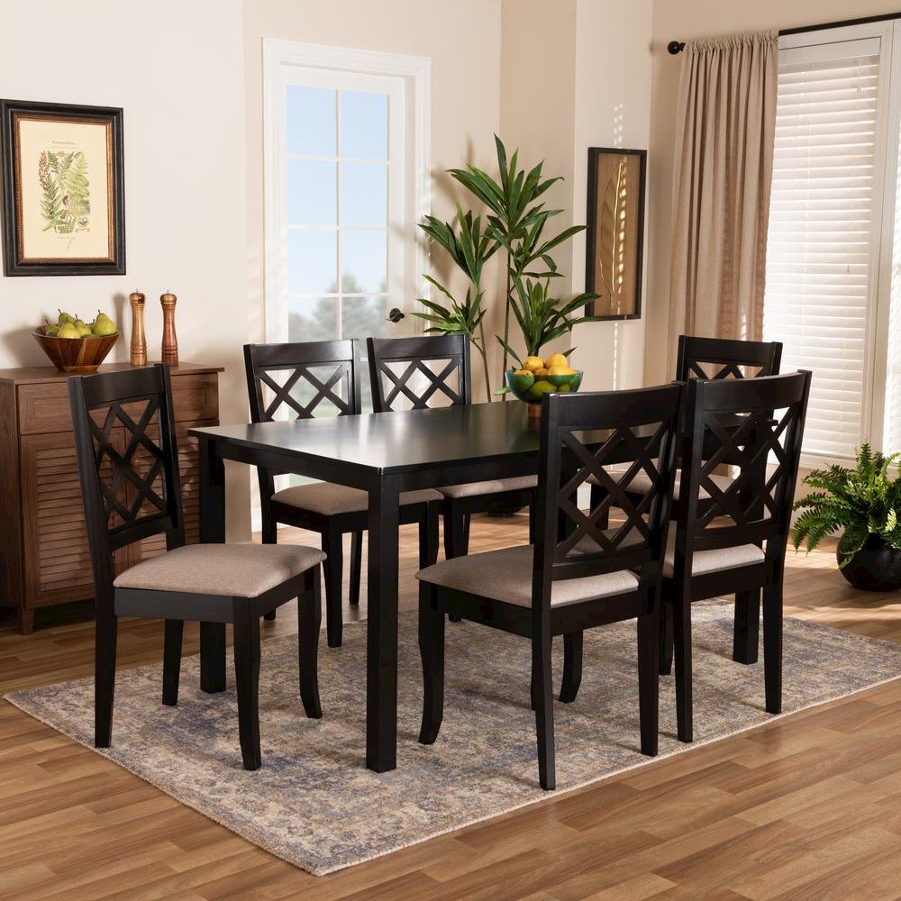 Sand Fabric Upholstered Dark Brown Finished 7-Piece Wood Dining Set