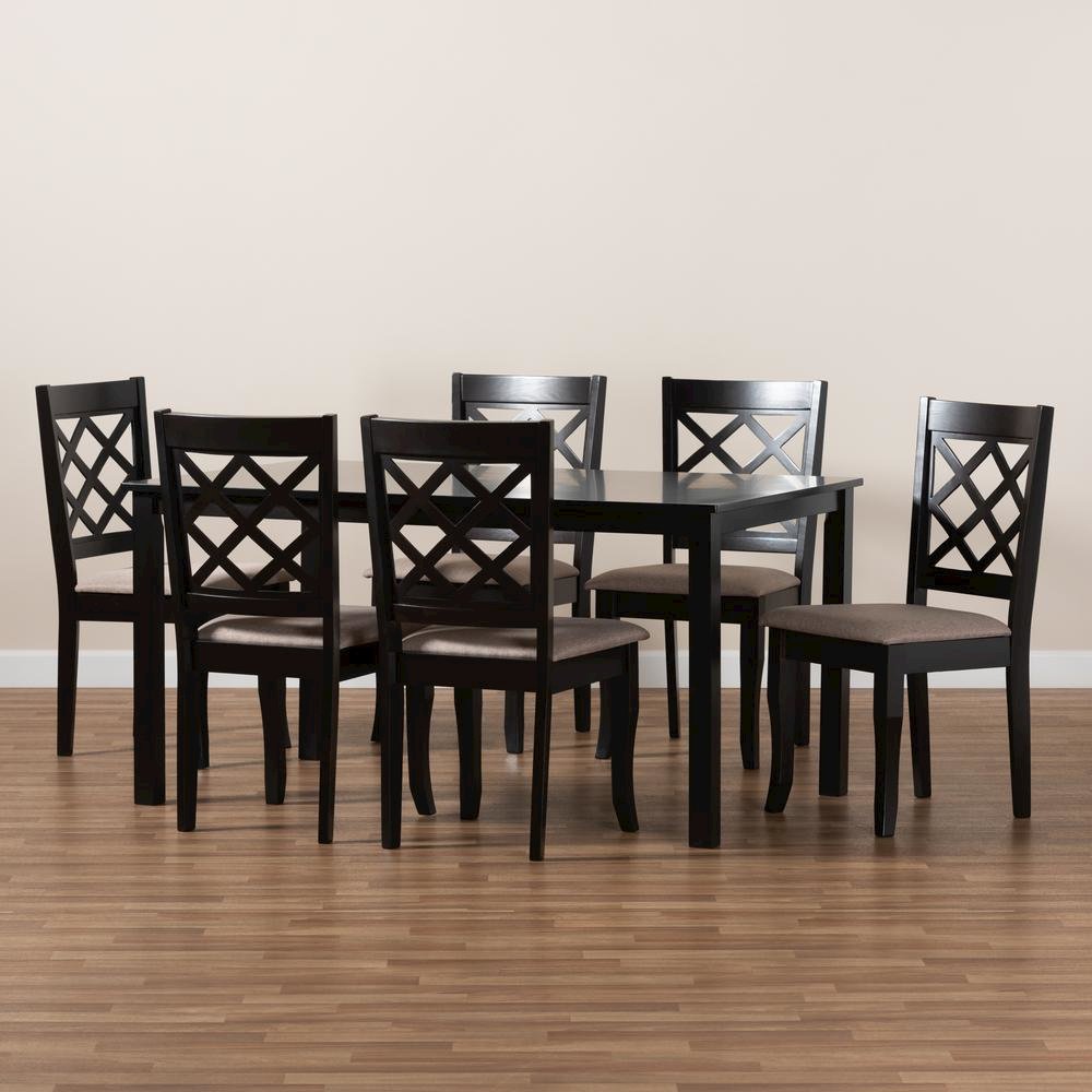 Sand Fabric Upholstered Dark Brown Finished 7-Piece Wood Dining Set