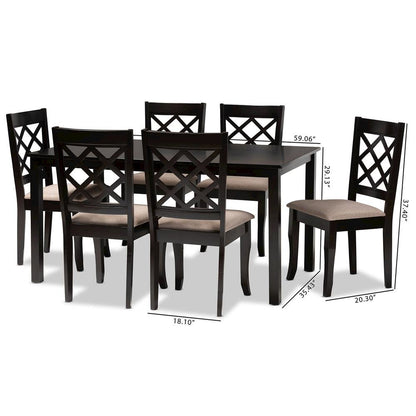 Sand Fabric Upholstered Dark Brown Finished 7-Piece Wood Dining Set