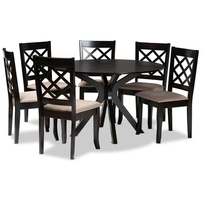 Sand Fabric Upholstered and Dark Brown Finished Wood 7-Piece Dining Set