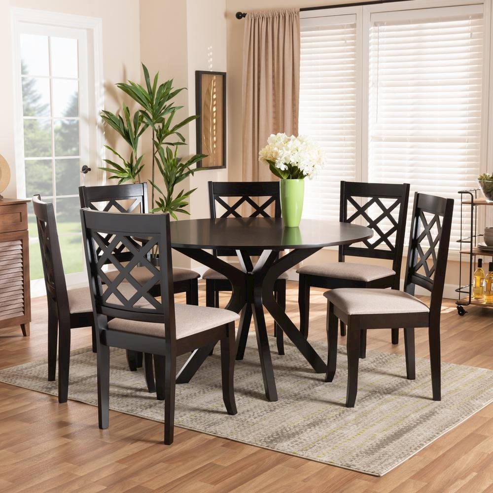 Sand Fabric Upholstered and Dark Brown Finished Wood 7-Piece Dining Set