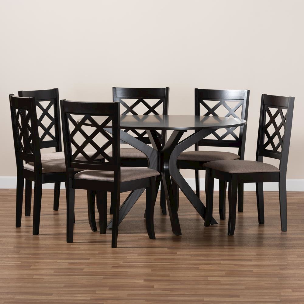 Sand Fabric Upholstered and Dark Brown Finished Wood 7-Piece Dining Set