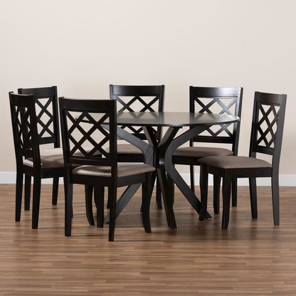 Sand Fabric Upholstered and Dark Brown Finished Wood 7-Piece Dining Set