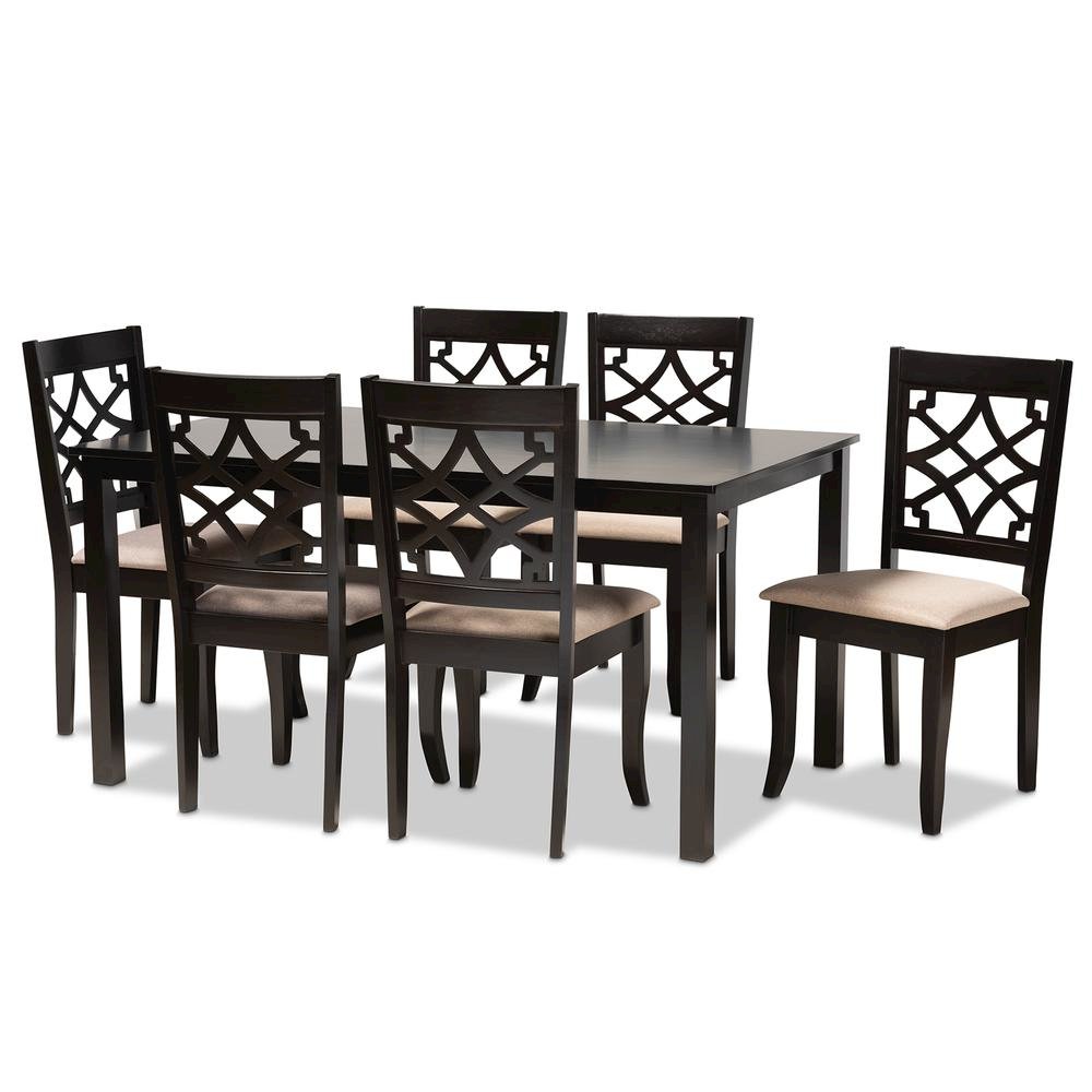 Sand Fabric Upholstered and Espresso Brown Finished Wood 7-Piece Dining Set