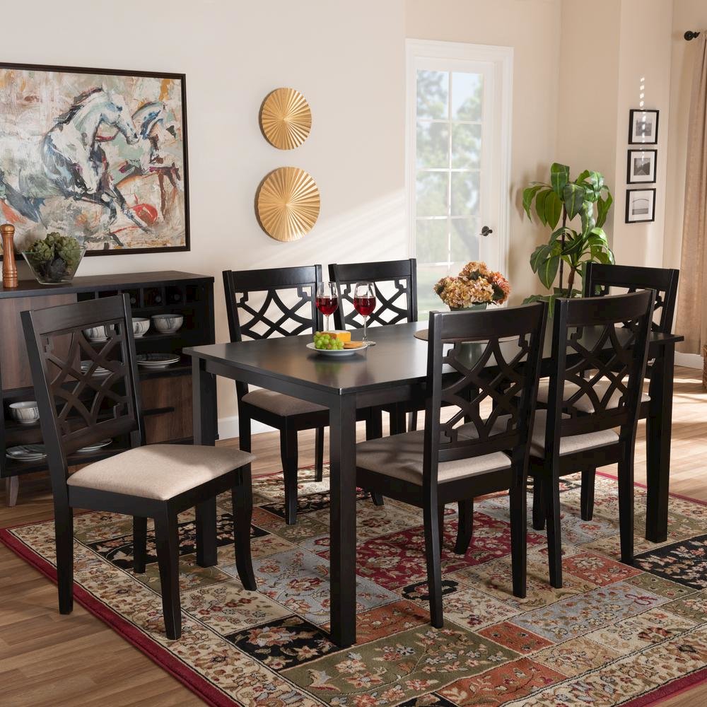 Sand Fabric Upholstered and Espresso Brown Finished Wood 7-Piece Dining Set