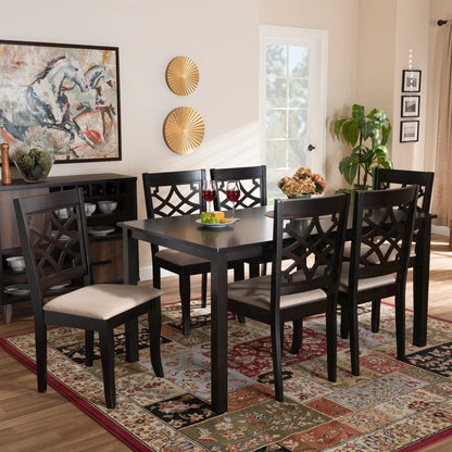Sand Fabric Upholstered and Espresso Brown Finished Wood 7-Piece Dining Set