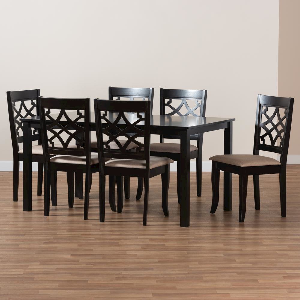Sand Fabric Upholstered and Espresso Brown Finished Wood 7-Piece Dining Set