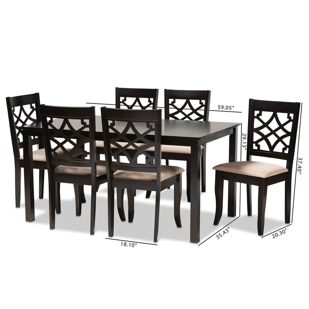 Sand Fabric Upholstered and Espresso Brown Finished Wood 7-Piece Dining Set