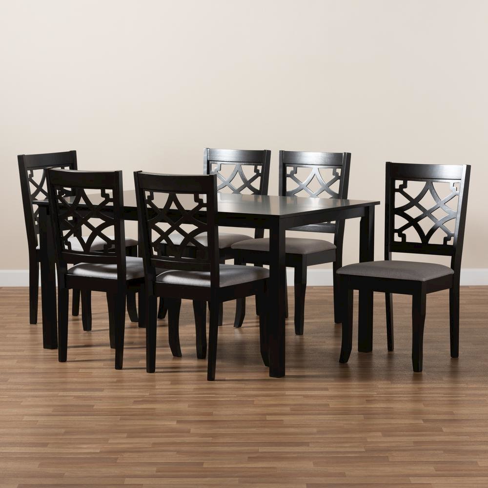 Grey Fabric Upholstered and Dark Brown Finished Wood 7-Piece Dining Set