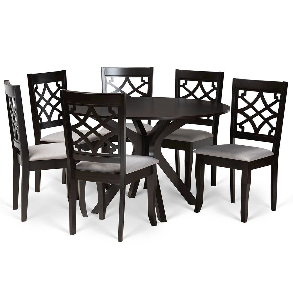 Grey Fabric Upholstered and Dark Brown Finished Wood 7-Piece Dining Set