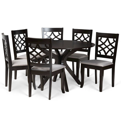 Grey Fabric Upholstered and Dark Brown Finished Wood 7-Piece Dining Set
