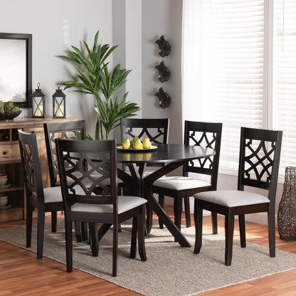 Grey Fabric Upholstered and Dark Brown Finished Wood 7-Piece Dining Set