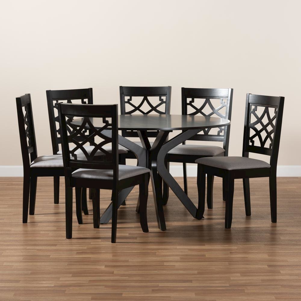 Grey Fabric Upholstered and Dark Brown Finished Wood 7-Piece Dining Set