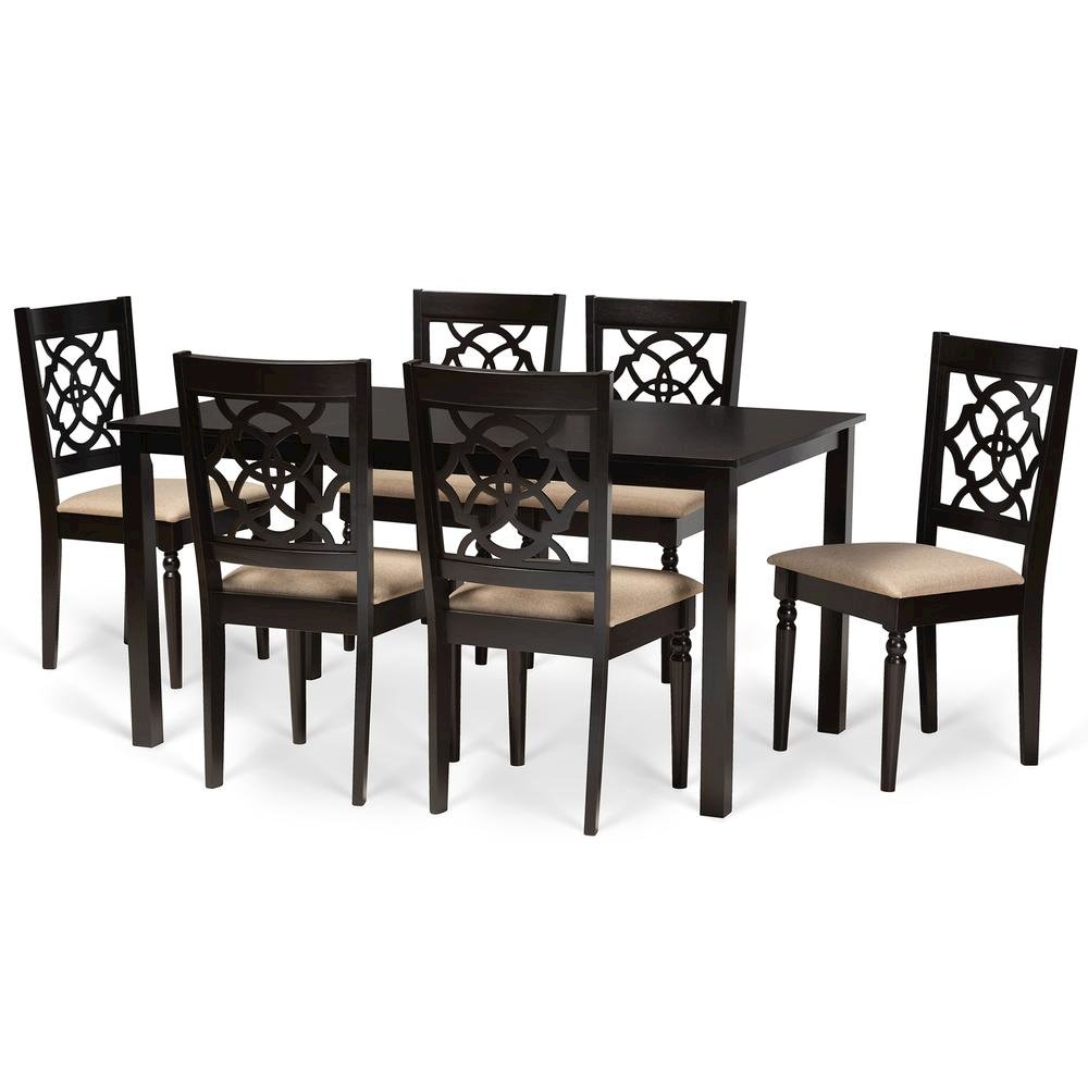 Sand Fabric Upholstered and Dark Brown Finished Wood 7-Piece Dining Set