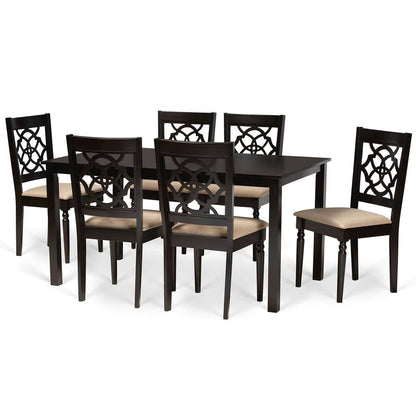 Sand Fabric Upholstered and Dark Brown Finished Wood 7-Piece Dining Set