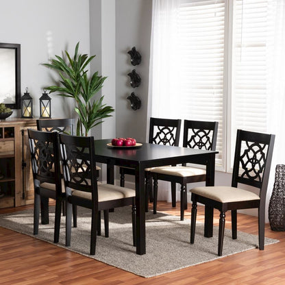 Sand Fabric Upholstered and Dark Brown Finished Wood 7-Piece Dining Set