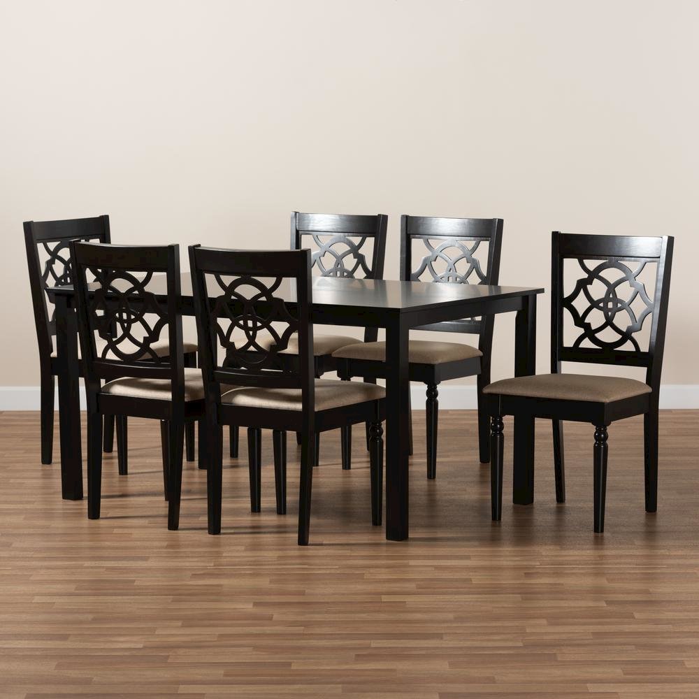 Sand Fabric Upholstered and Dark Brown Finished Wood 7-Piece Dining Set