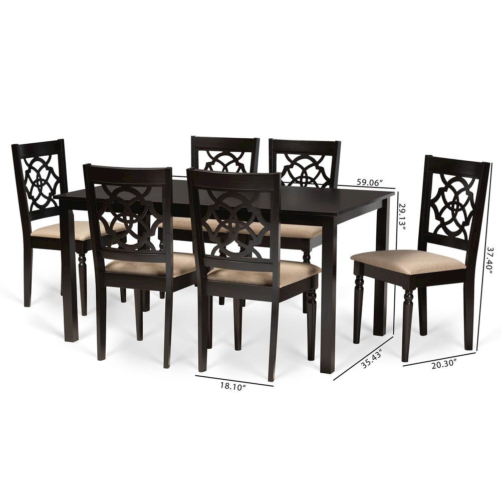Sand Fabric Upholstered and Dark Brown Finished Wood 7-Piece Dining Set