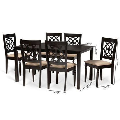 Sand Fabric Upholstered and Dark Brown Finished Wood 7-Piece Dining Set