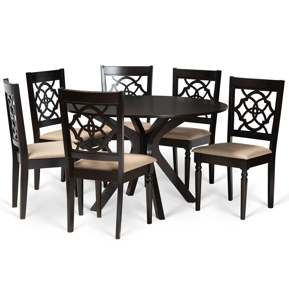 Sand Fabric Upholstered and Dark Brown Finished Wood 7-Piece Dining Set