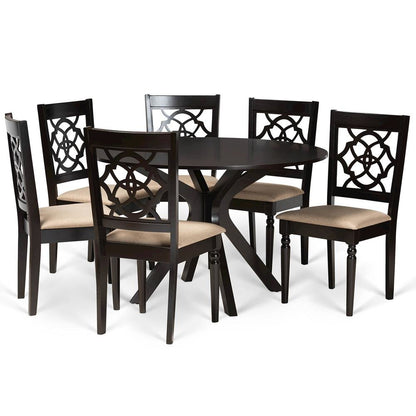 Sand Fabric Upholstered and Dark Brown Finished Wood 7-Piece Dining Set
