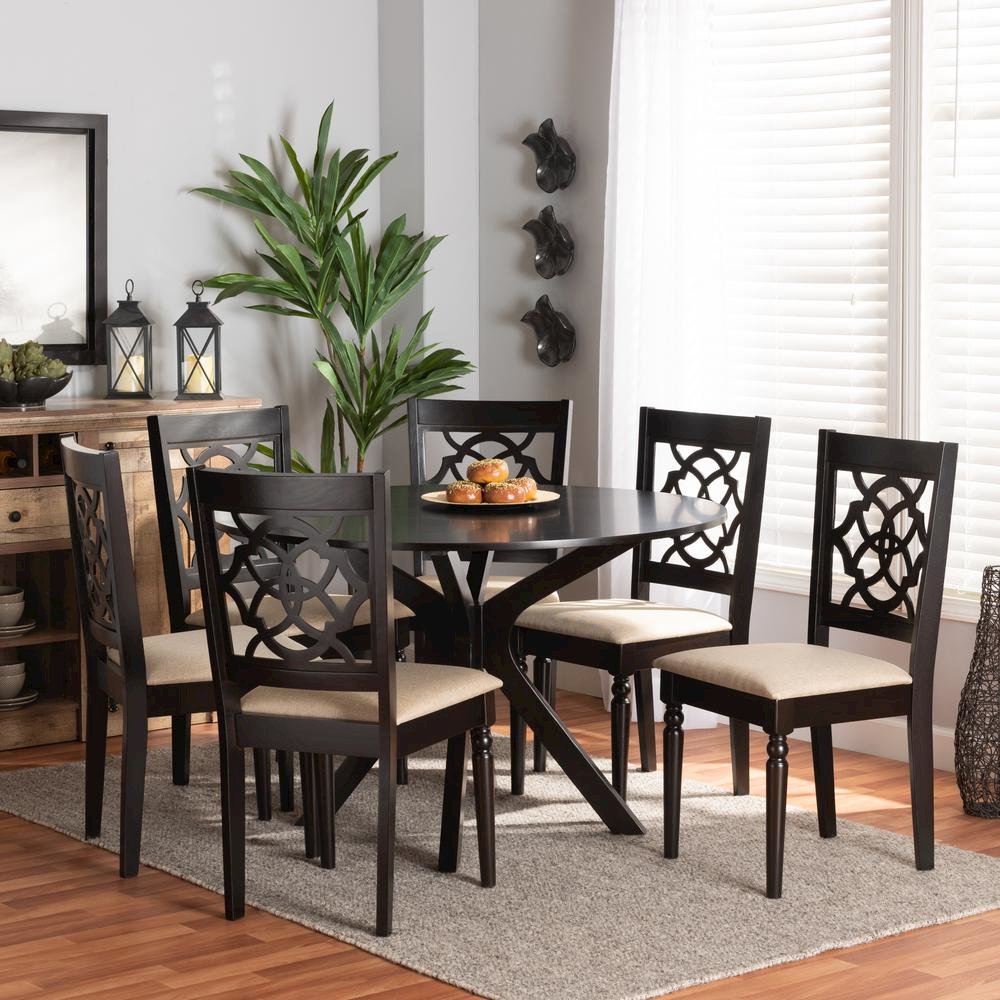 Sand Fabric Upholstered and Dark Brown Finished Wood 7-Piece Dining Set