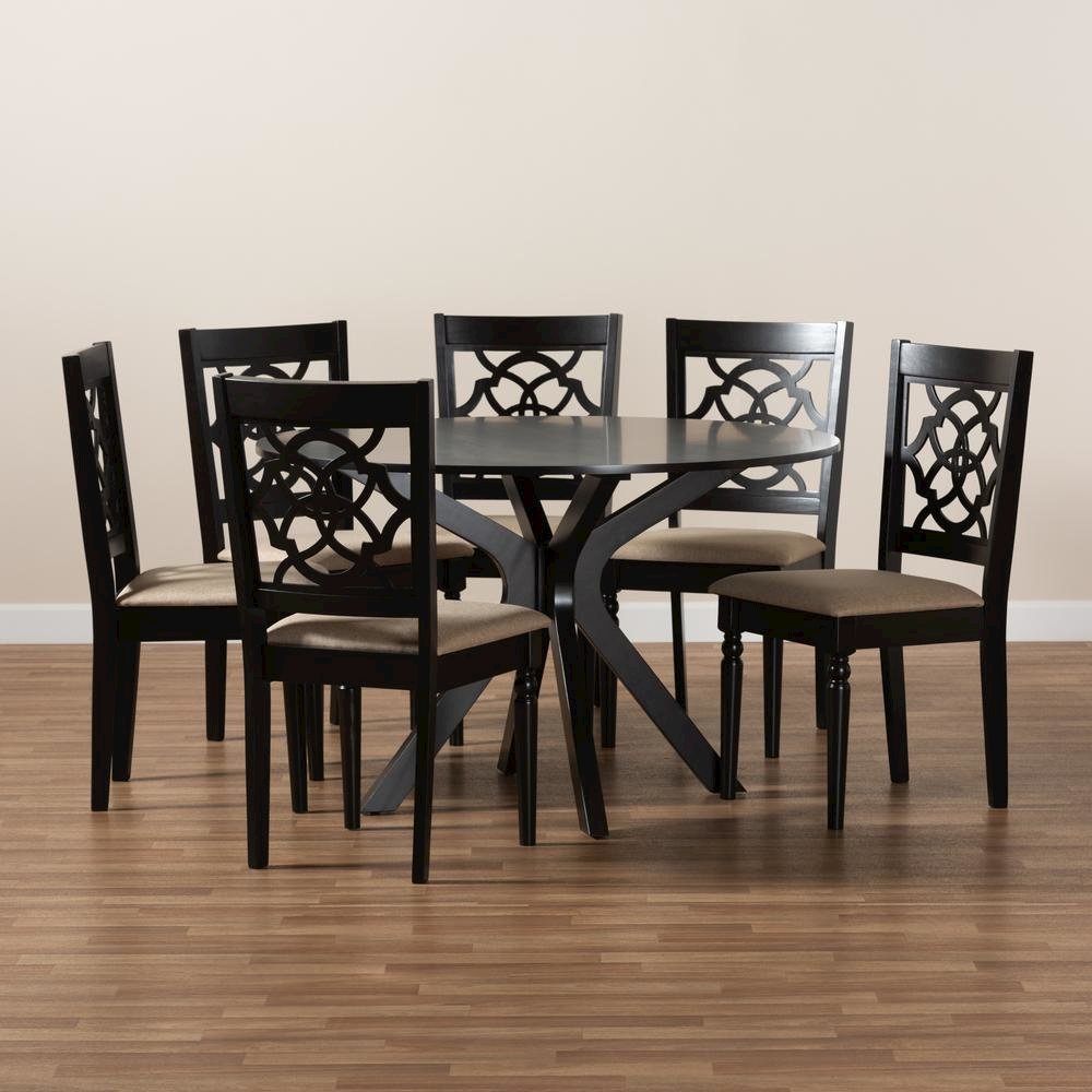 Sand Fabric Upholstered and Dark Brown Finished Wood 7-Piece Dining Set