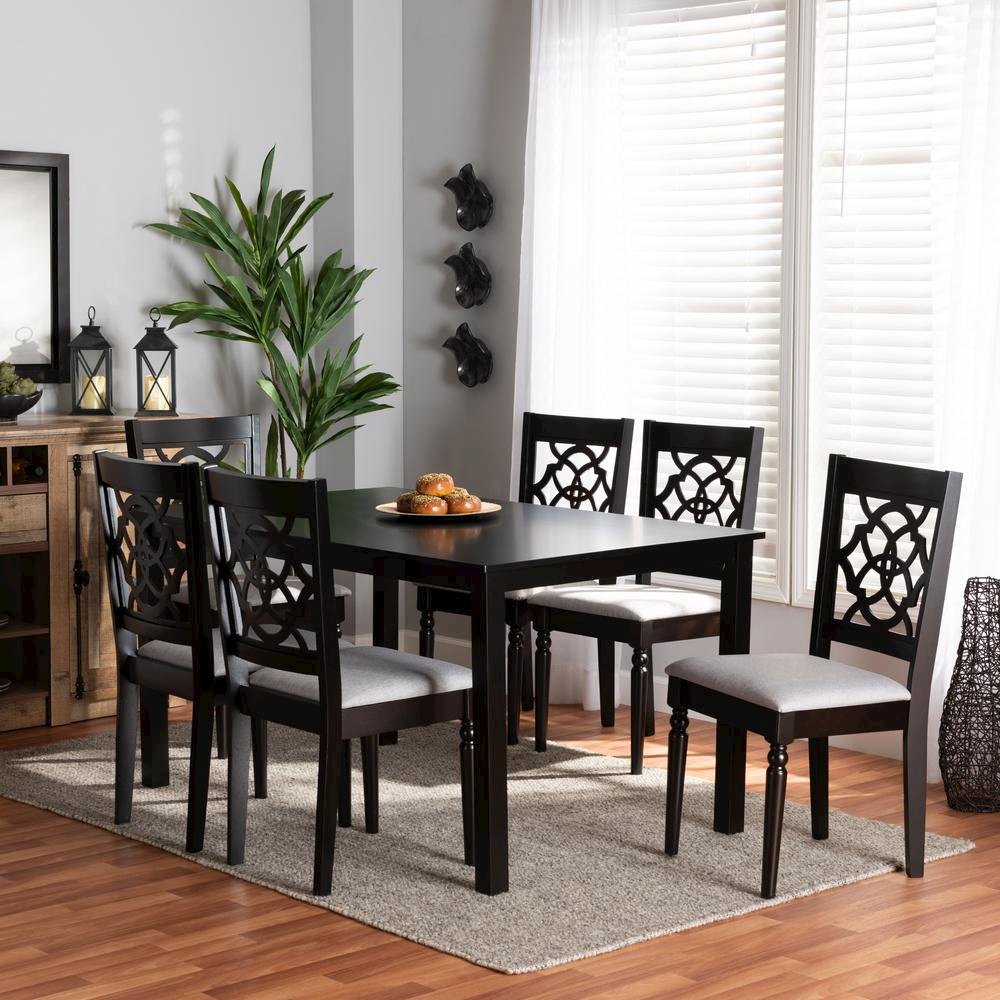 Grey Fabric Upholstered and Dark Brown Finished Wood 7-Piece Dining Set