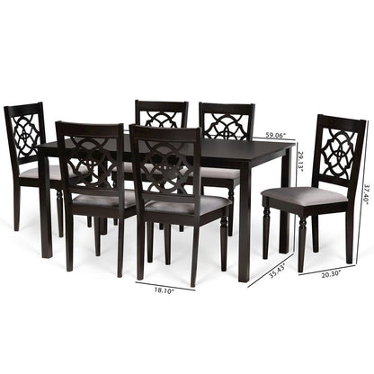 Grey Fabric Upholstered and Dark Brown Finished Wood 7-Piece Dining Set
