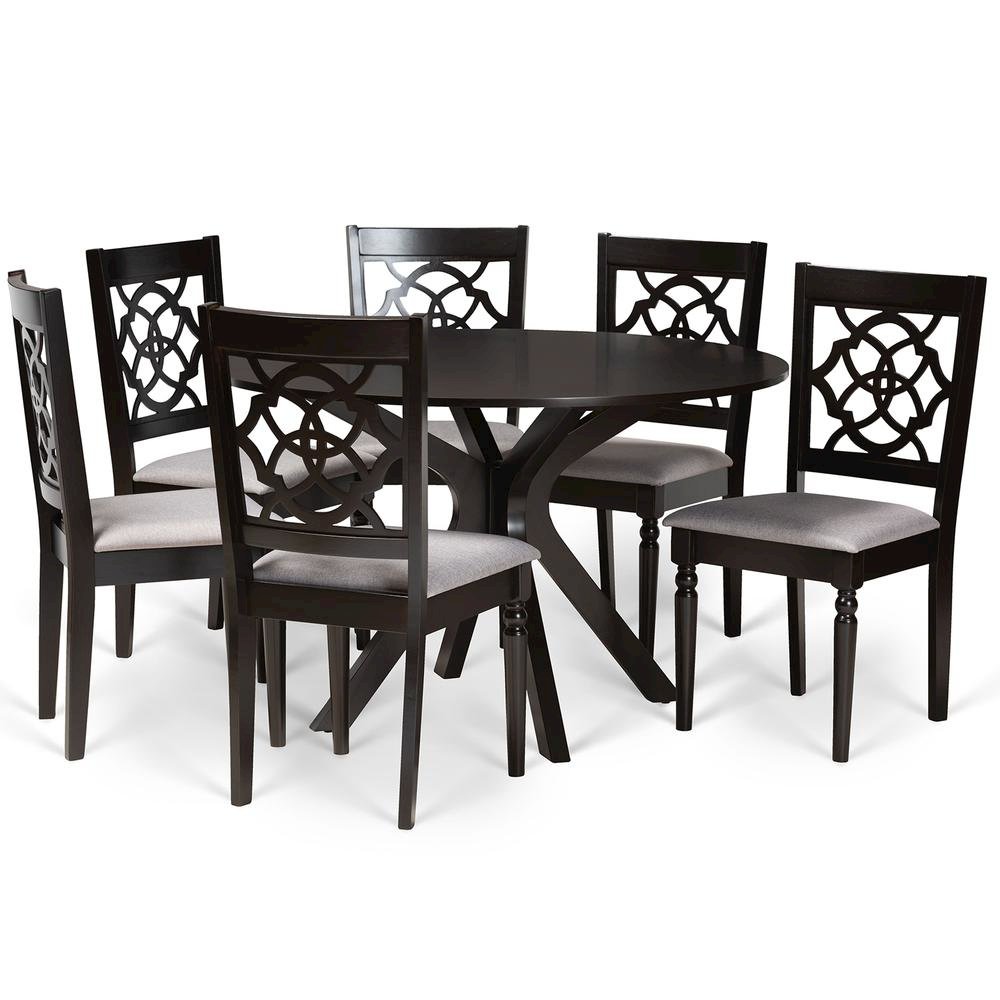 Grey Fabric Upholstered and Dark Brown Finished Wood 7-Piece Dining Set