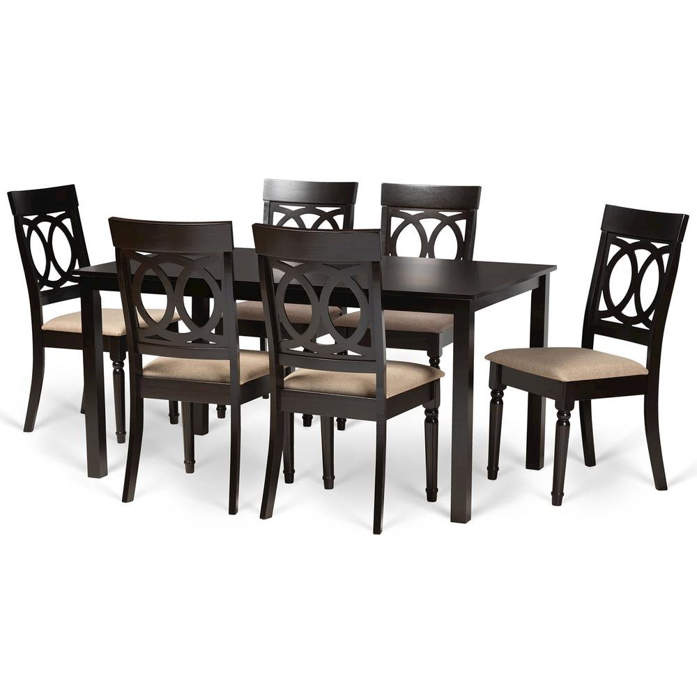Sand Fabric Upholstered and Dark Brown Finished Wood 7-Piece Dining Set