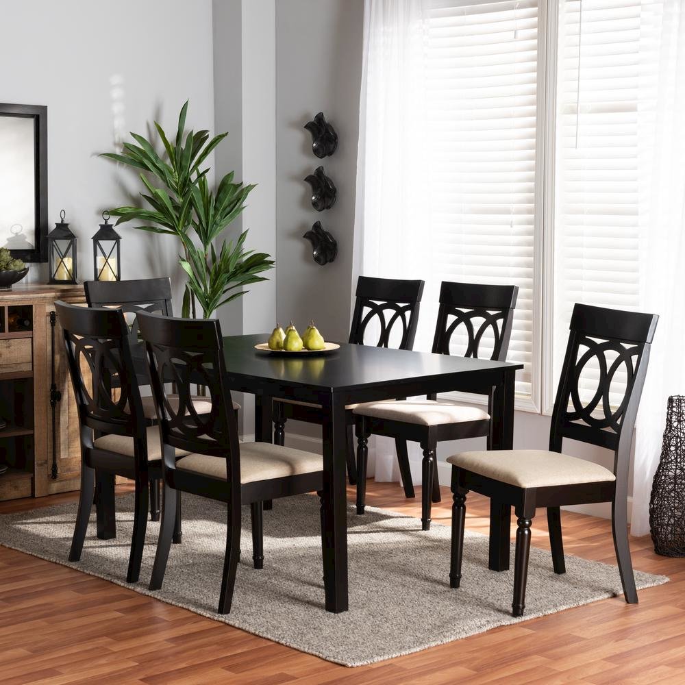 Sand Fabric Upholstered and Dark Brown Finished Wood 7-Piece Dining Set